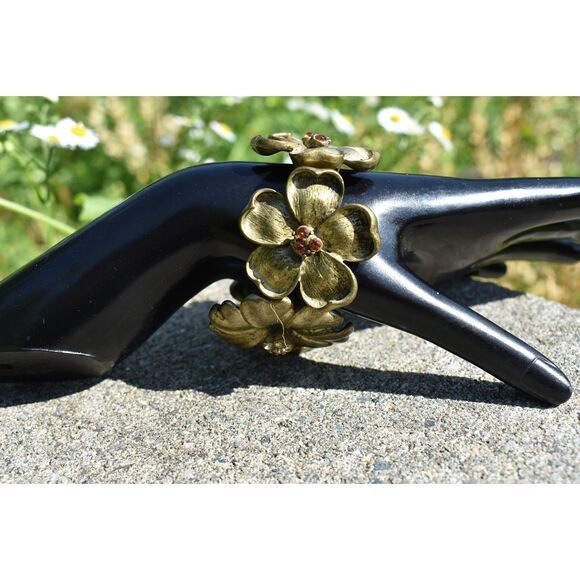 Gold toned Flower Statement Bracelet – Bold Sculptural Jewelry (size 7") - Picture 1 of 7